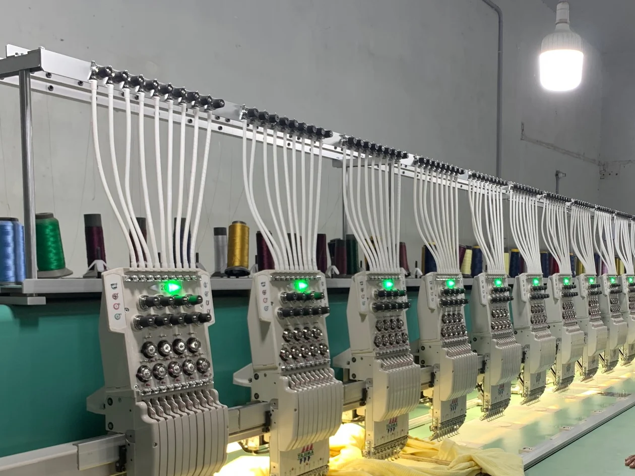 Multi-head computerised embroidery machine at work