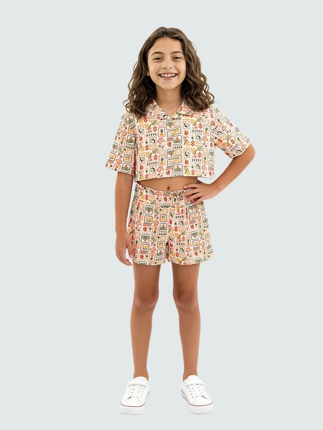 Girls Printed Camp Collar Top