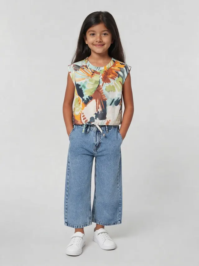 Girls Printed Crew Neck Boxy Fit Top