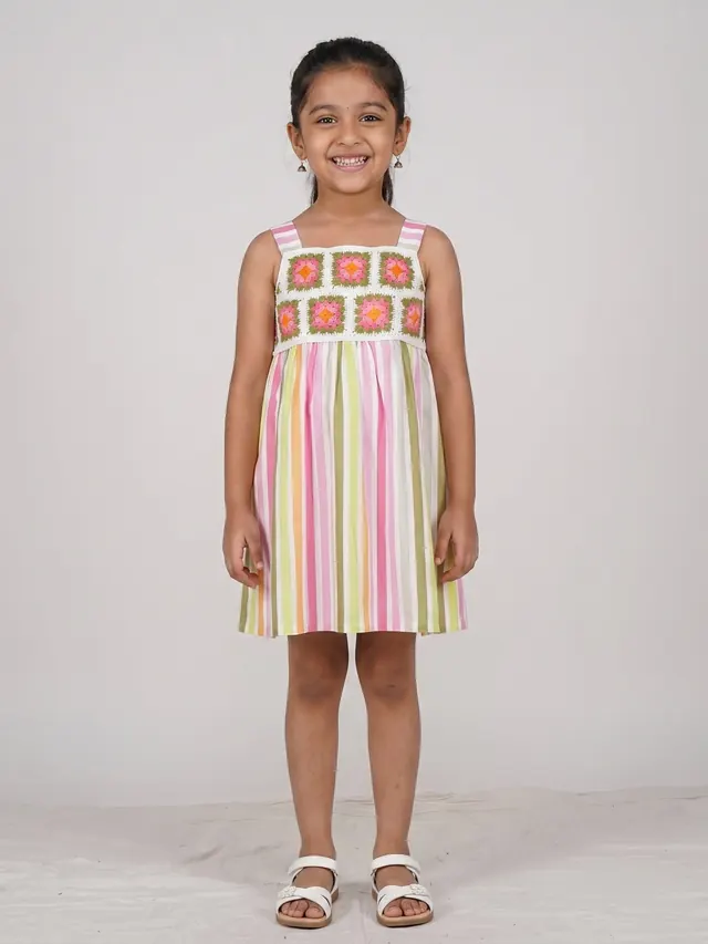 Girls Crochet Patch Striped Dress