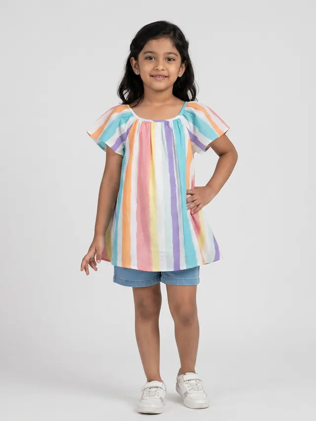 Girls Cotton Printed Striper Dress